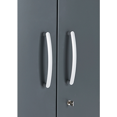 Gray cabinet doors with curved, silver handles and a small keyhole with key.