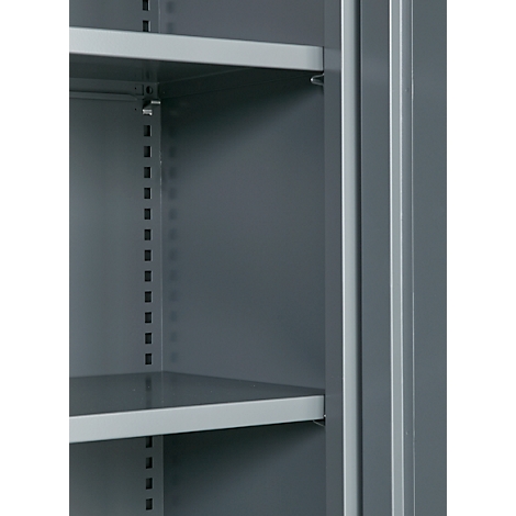 Grey cabinet with shelves. Detailed view of the interior, metallic surfaces.