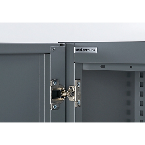 Gray cabinet, close-up of the hinge. With the logo 'SCHÄFERSHOP' at the top.