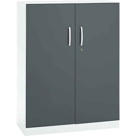 Grey cabinet with two doors, silver handles and a lock. White sides and bottom.