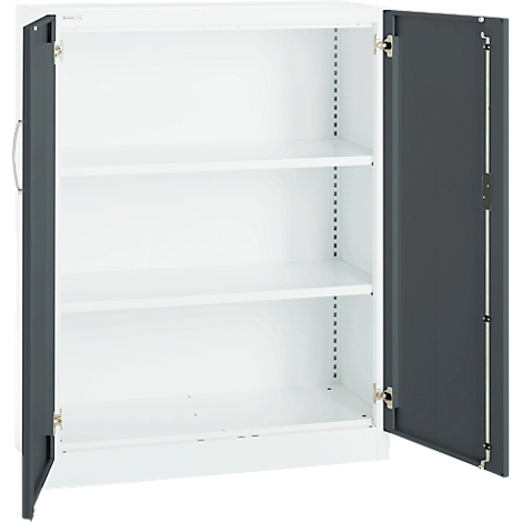 White cabinet with open gray doors. Inside are two shelves.