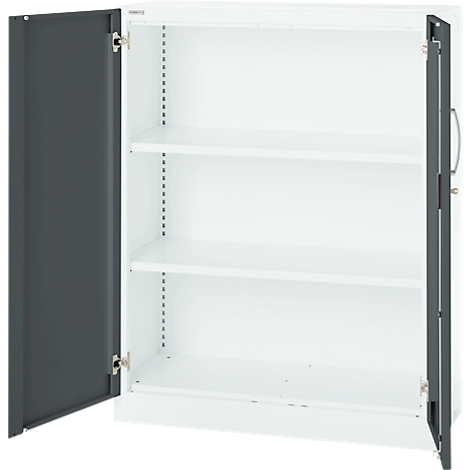 White cabinet with open gray doors. Inside, there are three shelves.
