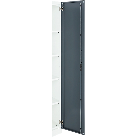 A gray cabinet door, open with hinges. On the left side, the inside of the white cabinet with shelves is visible.