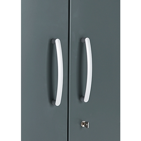 Two white, curved door handles on a gray cabinet door, with a keyhole below.