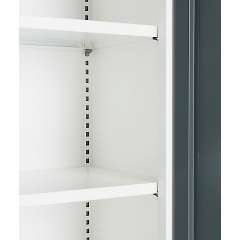 A white bookshelf with three shelves, dark screws, and a grey side panel.