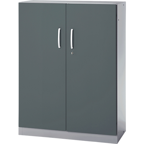 Gray file cabinet with two doors and silver handles.