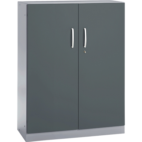 Gray metal cabinet with two doors, silver handles, and a keyhole.