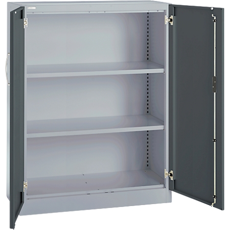Grey steel cabinet, open door. Inside three shelves. The cabinet stands on a neutral background.
