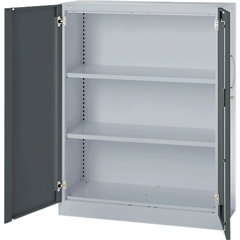 Steel cabinet with open doors, three shelves, light gray interior, dark gray doors.