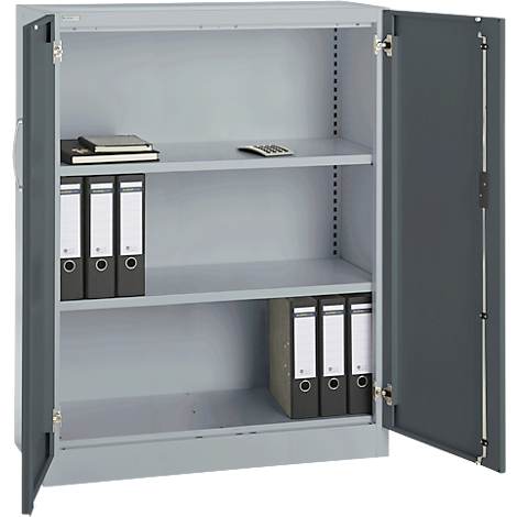 Gray file cabinet, open doors, folders and notebook on shelves.