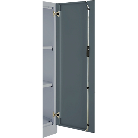 Open metal cabinet door. The door is anthracite. Gold hinges and a silver support rod are visible.