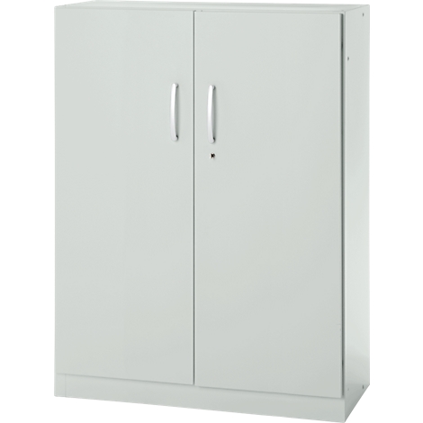 A white, tall cabinet with two doors, silver handles and a lock.
