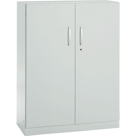 White cabinet with two doors, two handles, and a lock.