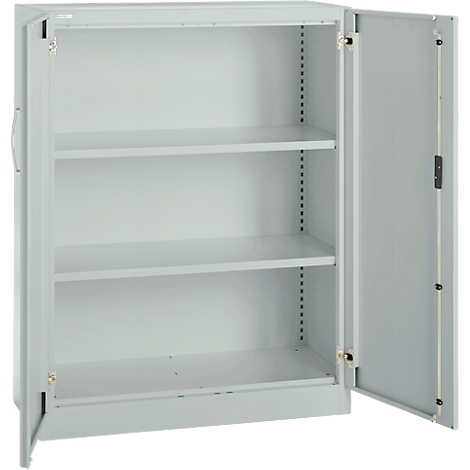 Grey steel cabinet with two open doors. Three shelves are visible.
