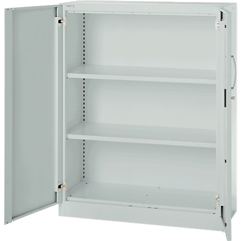 Grey steel cabinet with two open doors. Inside, there are three shelves.