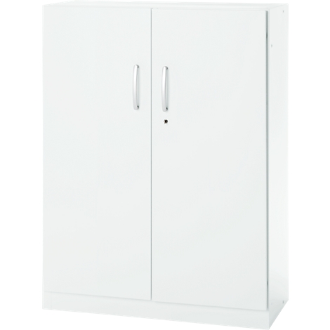 White cabinet with two doors, silver handles, and a lock.
