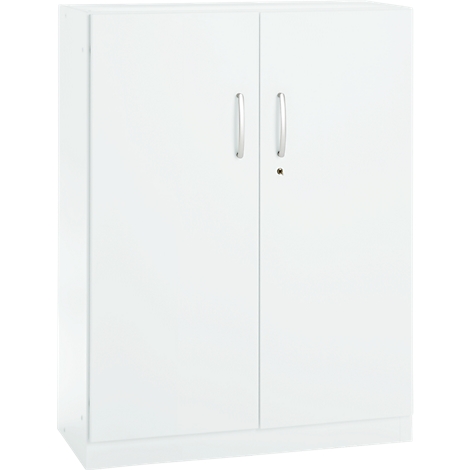 White cabinet with two doors, silver handles, and a lock.