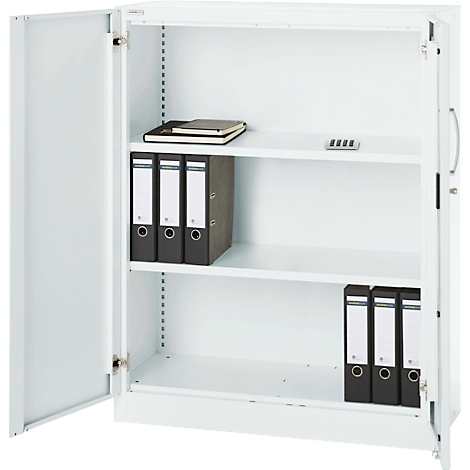 White filing cabinet with open doors. Inside are folders and notebooks.