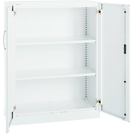 White, empty cabinet with open doors, three shelves, and a handle.