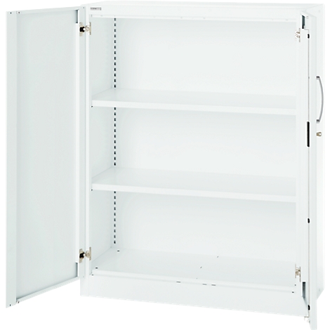 White steel cabinet, both doors open, three shelves visible.
