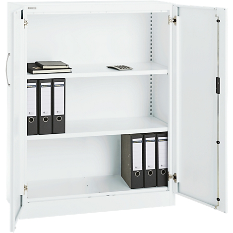 White steel cabinet, open door, filled with folders, notepad and calculator. Interior shelves.