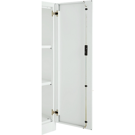 Open white cabinet door with silver hinges and a holding bracket.