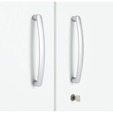 White cabinet doors with silver handles. A keyhole with a key is in the lower right corner.