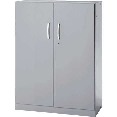 Gray cabinet with two doors and handles. The doors are closed and have a locking mechanism.
