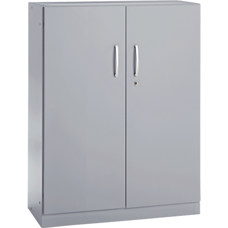 Gray cabinet with two doors and silver handles. There is a keyhole on the right door.
