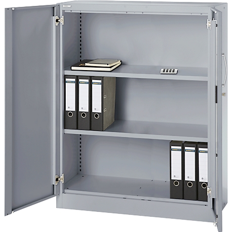 Gray filing cabinet with open door. File folders and a notebook are on the shelves.