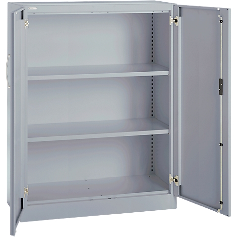 Grey metal cabinet, one door open, three shelves visible.