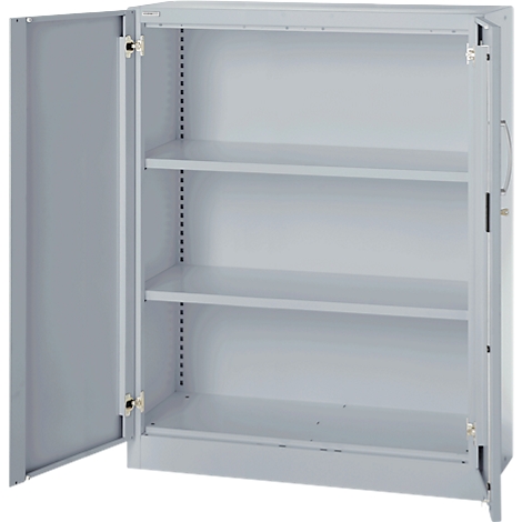 A grey steel cabinet with two open doors, three shelves inside. A handle is on the right side.