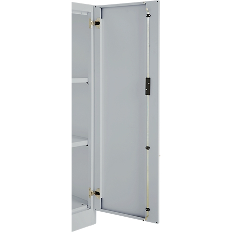 White metal cabinet door, partially open. Gold-colored hinges and a rod with holders on the door.