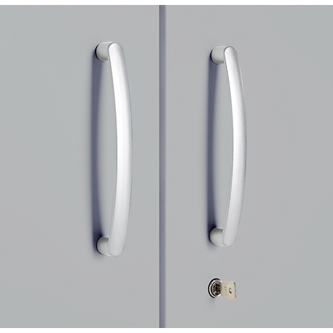 Grey cabinet doors with two silver handles and a keyhole.