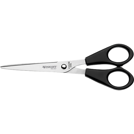 Scissors with black handles and metal blades. The blade reads "WESTCOTT" and "STAINLESS STEEL".