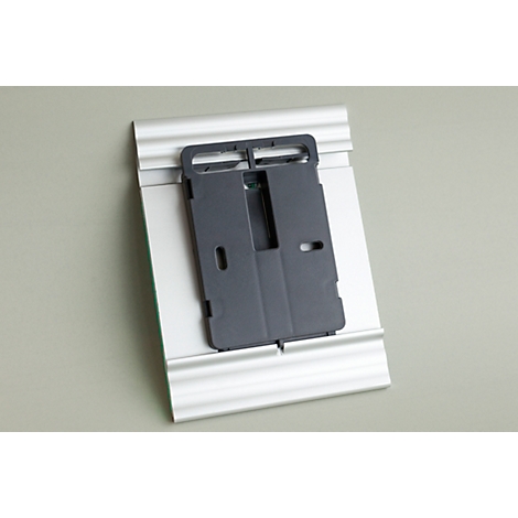 Silver bracket with a dark gray insert, placed on a gray background.