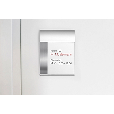 A door sign with the details: Room 103, M. Mustermann, Office hours Mon-Fri 10:00 - 12:00.