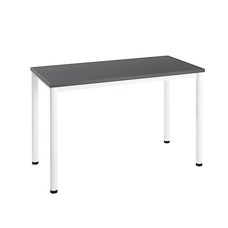 Gray table with white legs. Rectangular table top, four legs.