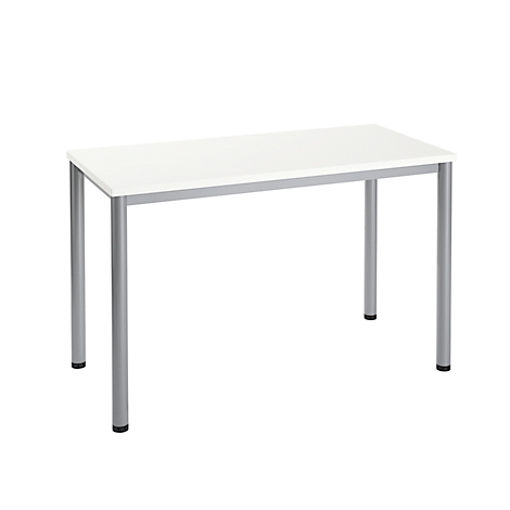 White table with silver legs. The table top is rectangular, the legs are cylindrical.