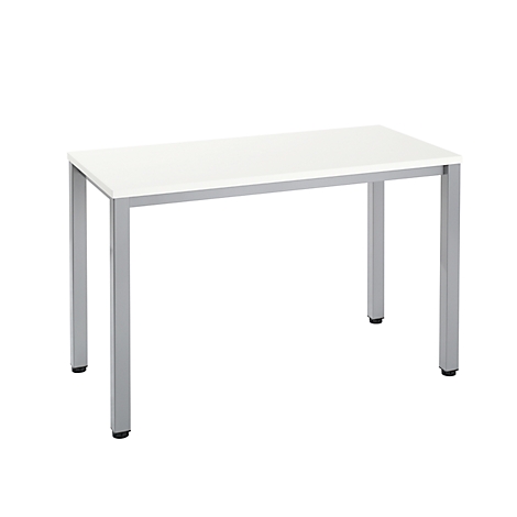 A white desk with silver legs against a white background.