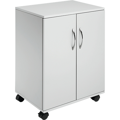 White cabinet with two doors and silver handles, standing on casters.