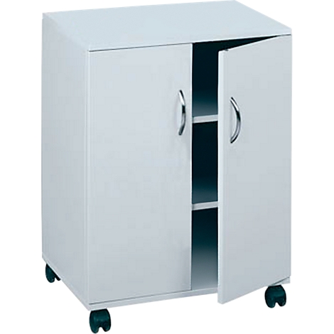 White cabinet with two doors. One door is open. The cabinet has castors.
