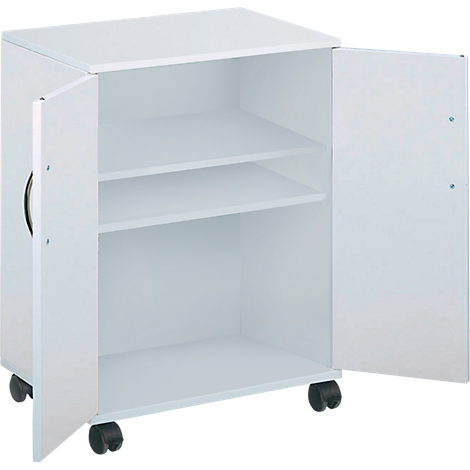 A white cabinet with two doors open to show two shelves and the interior. The cabinet is on wheels.