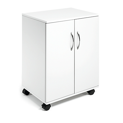 White cabinet with two doors, silver handles and casters.