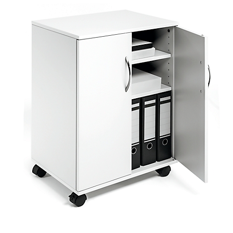White rolling cabinet with open doors, filled with folders and boxes. The cabinet stands on wheels.
