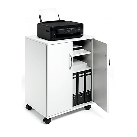 White office cabinet with printer, open door and rollers. Folders and paper can be seen in the compartments.