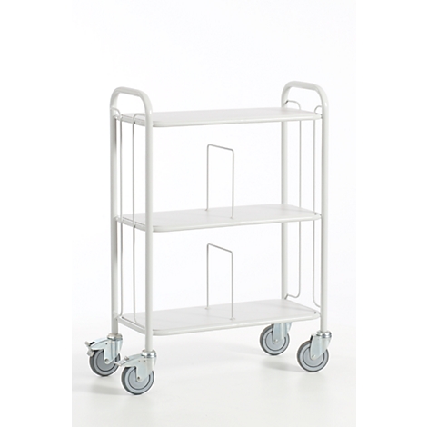 White rolling cart with three shelves, grey wheels, and dividers, against a white background.