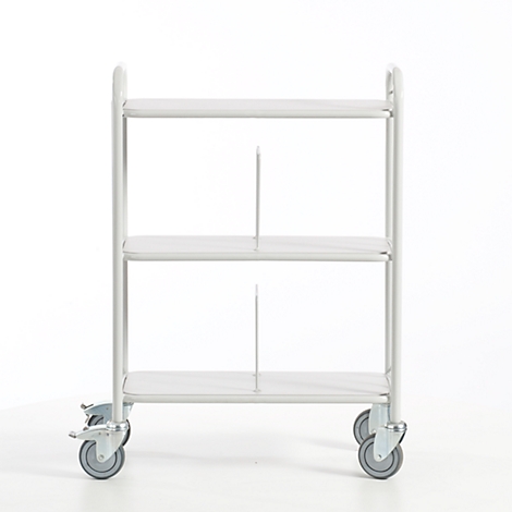 White serving cart with three tiers, two dividers and four wheels on a white background.