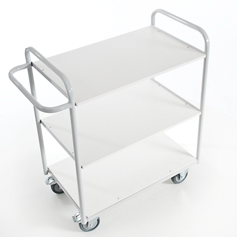Serving cart with three white shelves and gray frame on a white background.