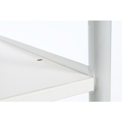 Close-up of a white shelf with a metal edge. Next to it a gray, cylindrical support.